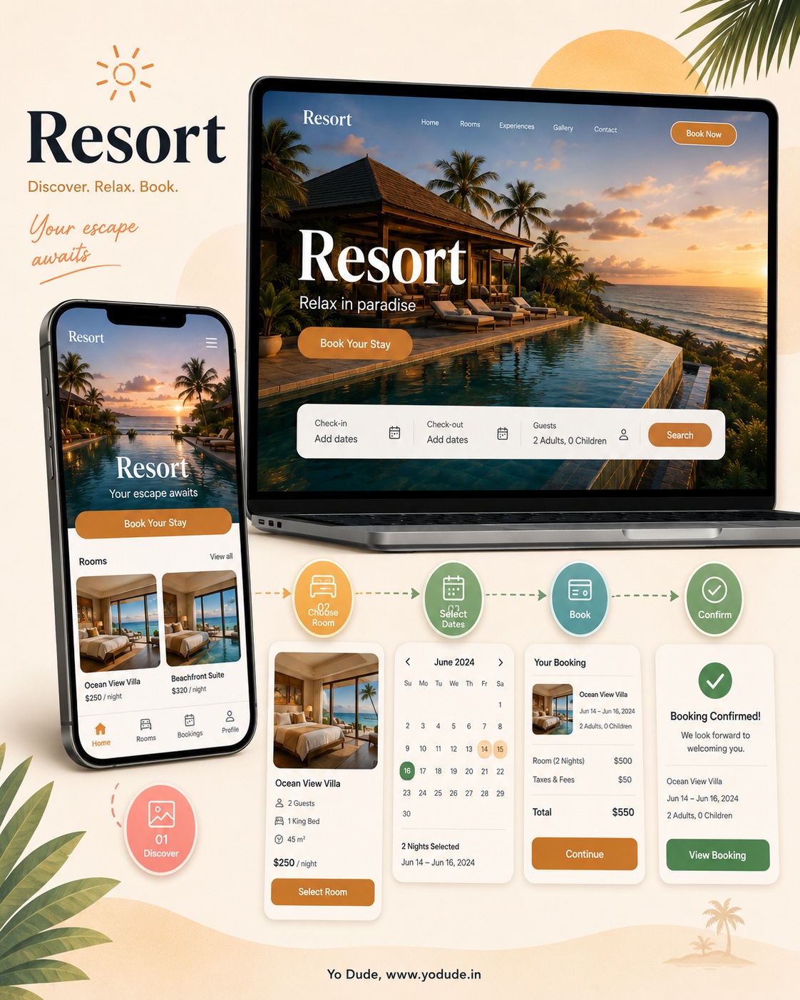 Resort website and app workflow mockup