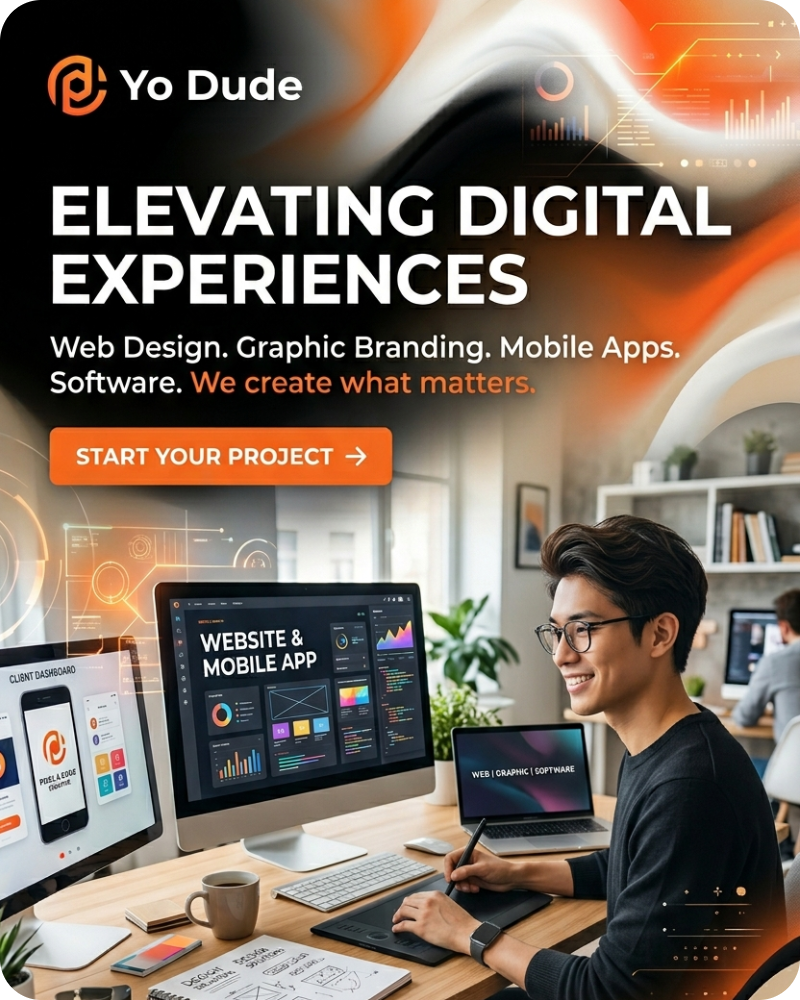 YoDude.in bold sticker group hero visual for creative website design, graphic design, branding and digital solutions